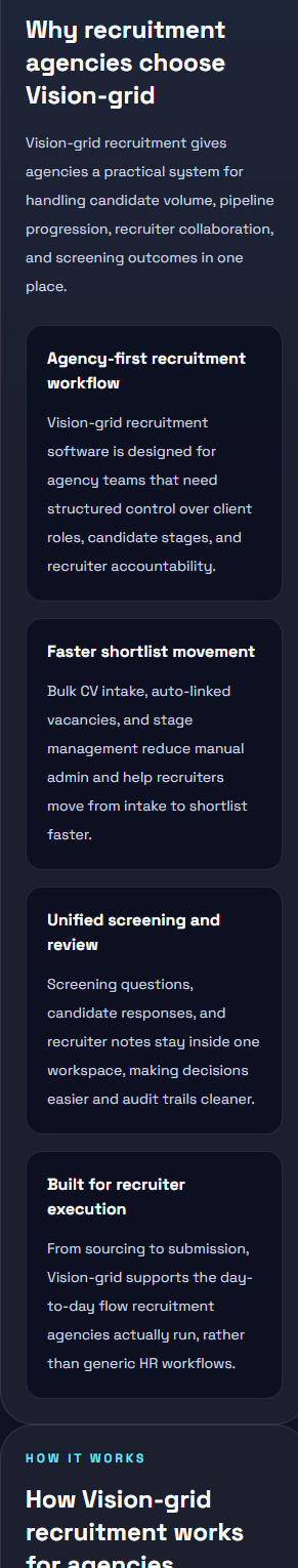 Vision-grid candidate screening software showing screening link generation, timed response collection, and recruiter review for shortlist decisions