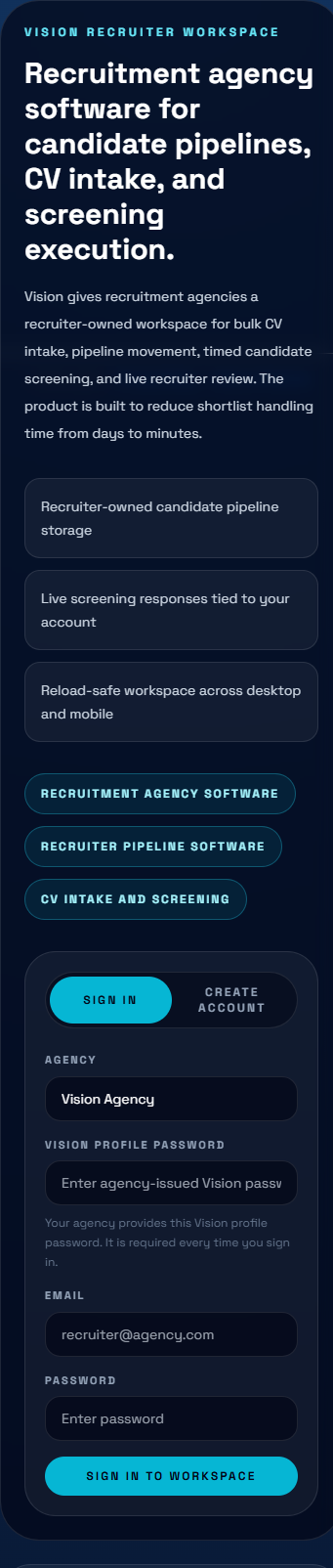 Vision-grid CV intake and screening software showing bulk resume upload, vacancy matching, and screening workflow for recruitment agency operations