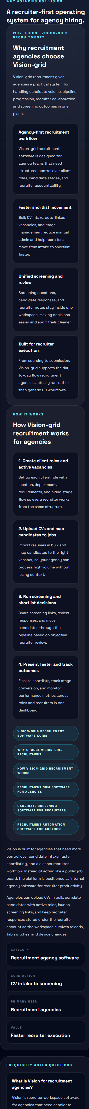 Step-by-step view of how Vision-grid recruitment works: creating vacancies, uploading CVs, running screening, and tracking shortlist outcomes