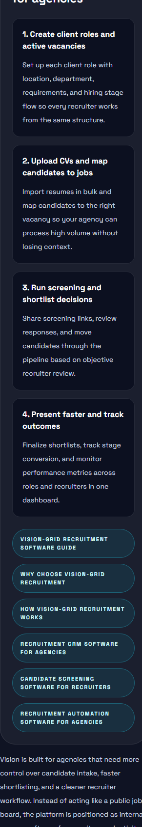 Vision-grid recruitment automation software for agencies — automating CV intake, candidate matching, screening dispatch, and pipeline stage progression
